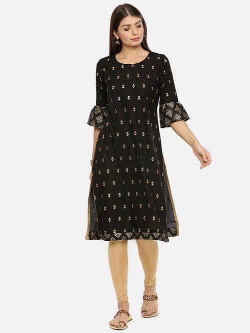 gold printed straight kurta - 17398830 - Very Small Image - 1