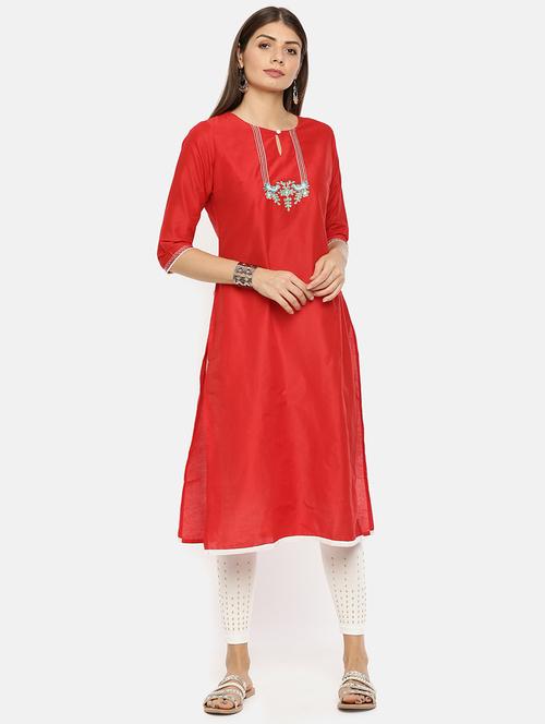 yoke embroidered straight kurta with face mask  - 17398840 - Very Small Image - 1