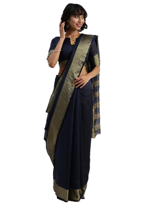 solid bordered plain saree with blouse - 17403372 - Very Small Image - 1