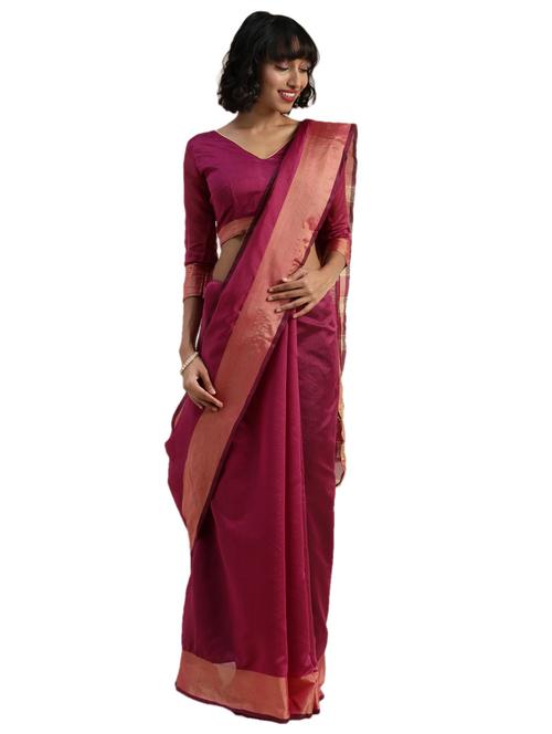 solid bordered plain saree with blouse - 17403375 - Very Small Image - 1