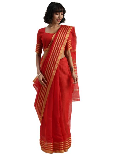 stripe bordered plain saree with blouse - 17403400 - Very Small Image - 1