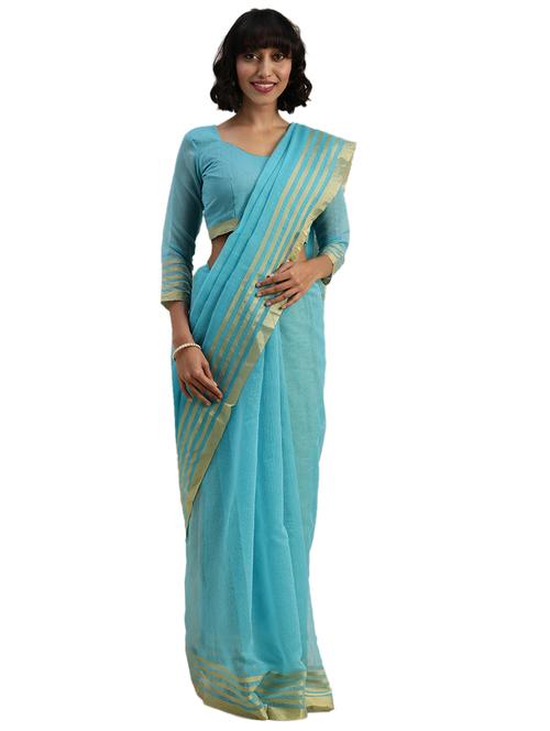 stripe bordered plain saree with blouse - 17403405 - Very Small Image - 1