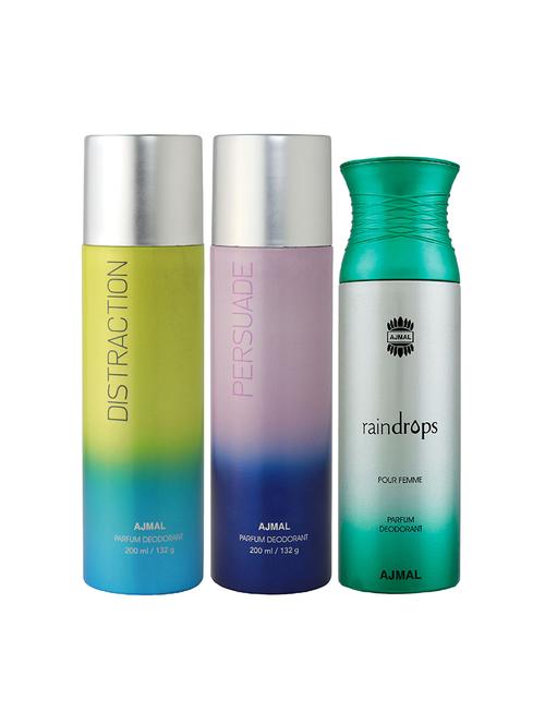 ajmal distraction and persuade for unisex and raindrops femme for women  deodorants combo pack of 3 (total 600ml) + 3 testers - 17404256 - Very Small Image - 1