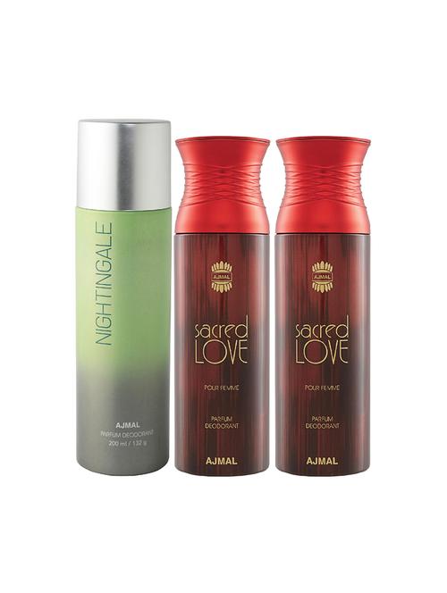 ajmal 1 nightingale for unisex and 2 sacred love for women  deodorants each 200ml combo pack of 3 (total 600ml) + 3 testers - 17404278 - Very Small Image - 1