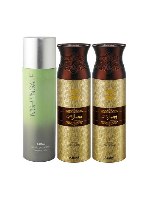 ajmal 1 nightingale for unisex and 2 wisal dhahab for men  deodorants each 200ml combo pack of 3 (total 600ml) + 3 testers - 17404288 - Very Small Image - 1