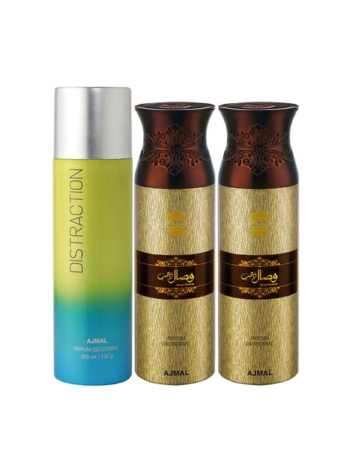 ajmal 1 distraction for unisex and 2 wisal dhahab for men  deodorants each 200ml combo pack of 3 (total 600ml) + 3 testers - 17404300 - Very Small Image - 1