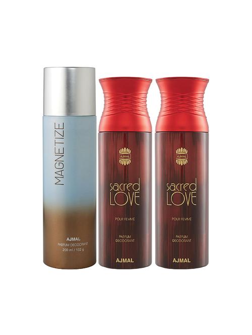 ajmal 1 magnetize for unisex and 2 sacred love for women  deodorants each 200ml combo pack of 3 (total 600ml) + 3 testers - 17404302 - Very Small Image - 1
