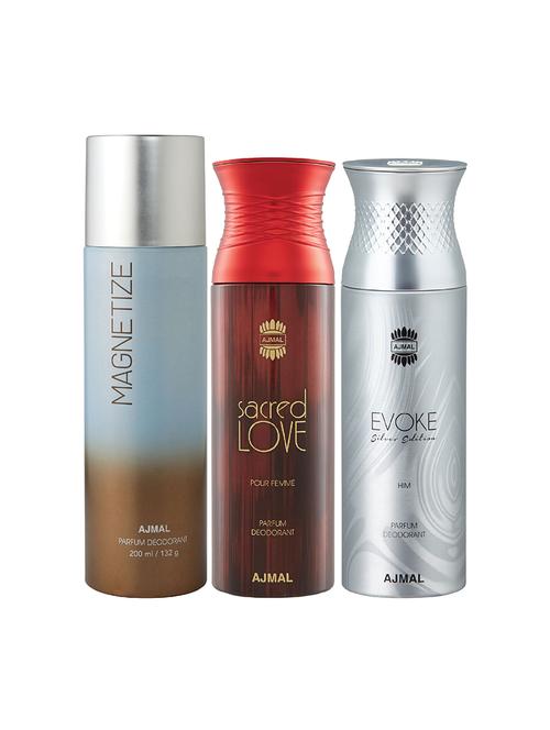 ajmal 1 magnetize for unisex,1 sacred love for women,1 evoke silver for men deodorants combo pack of 3(total 600ml)+3 testers - 17404353 - Very Small Image - 1