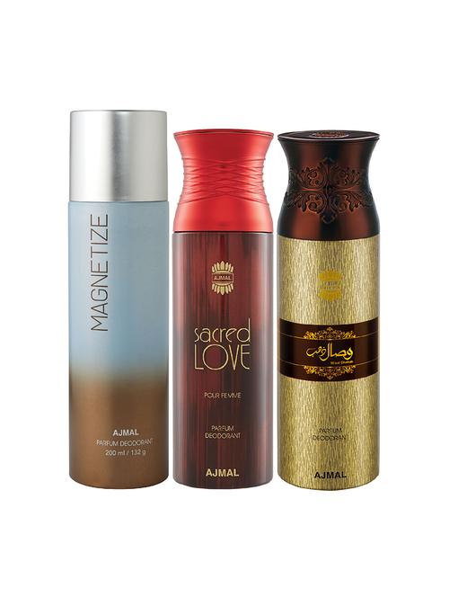 ajmal 1 magnetize for unisex,1 sacred love for women,1 wisal dhahab for men deodorants combo pack of 3(total 600ml)+3 testers - 17404357 - Very Small Image - 1