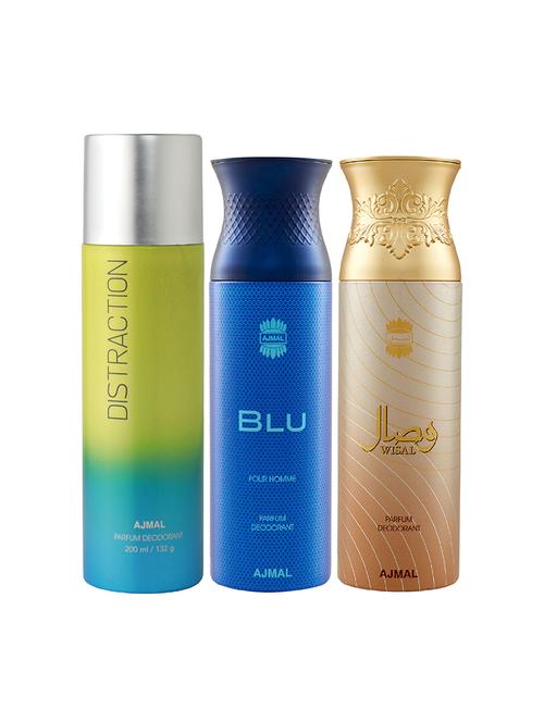 ajmal 1 distraction for unisex, 1 blu for men and 1 wisal for women  deodorants combo pack of 3 (total 600ml) + 3 testers - 17404389 - Very Small Image - 1