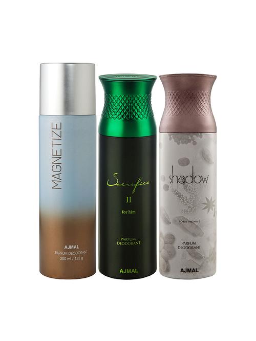 ajmal 1 magnetize for unisex,1 sacrifice ii for men,1 shadow him for men deodorants combo pack of 3(total 600ml)+3 testers - 17404558 - Very Small Image - 1