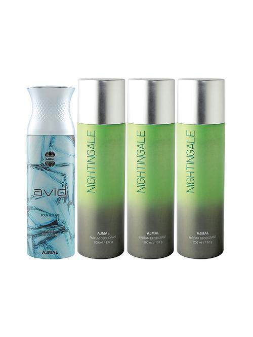 ajmal 1 avid for men and 3 nightingale for unisex  deodorants each 200ml combo pack of 4 (total 800ml) + 3 parfum testers - 17404594 - Very Small Image - 1