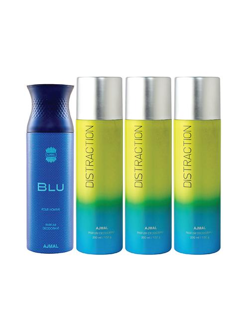 ajmal 1 blu homme for men and 3 distraction for unisex  deodorants each 200ml combo pack of 4 (total 800ml) + 3 testers - 17404603 - Very Small Image - 1