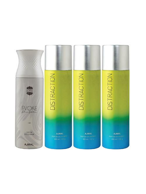 ajmal 1 evoke silver for him for men and 3 distraction for unisex  deodorants combo pack of 4 (total 800ml) + 3 testers - 17404608 - Very Small Image - 1