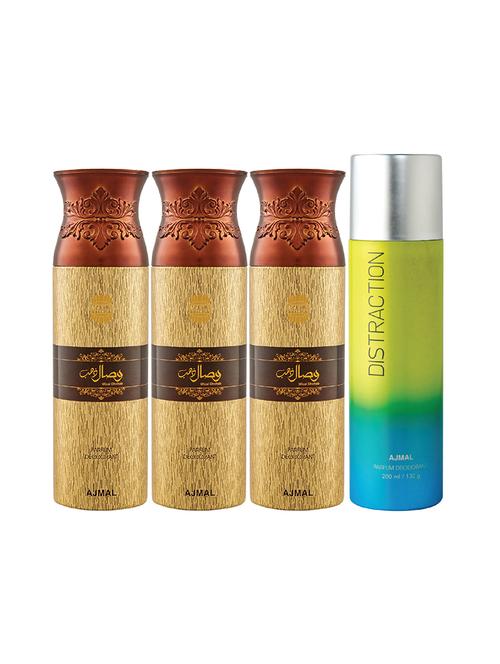 ajmal 3 wisal dhahab for men and 1 distraction for unisex  deodorants each 200ml combo pack of 4 (total 800ml) + 3 testers - 17404708 - Very Small Image - 1