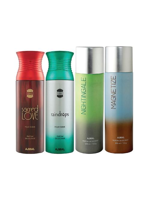 Ajmal 1 Sacred Love For Women,1 Raindrops For Women,1 Nightingale,1 Magnetize Unisex Pack Of 4 Deos(total 800ml)+3 Testers - 17404788 - Very Small Image - 1