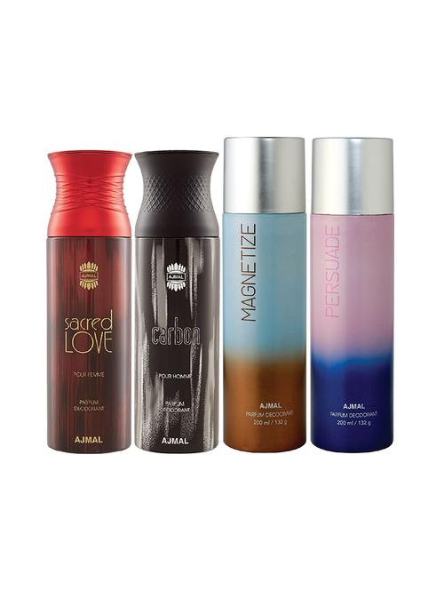ajmal 1 sacred love for women,1 carbon for men,1 magnetize,1 persuade unisex deodorant combo pack of 4(total 800ml)+3 testers - 17404806 - Very Small Image - 1