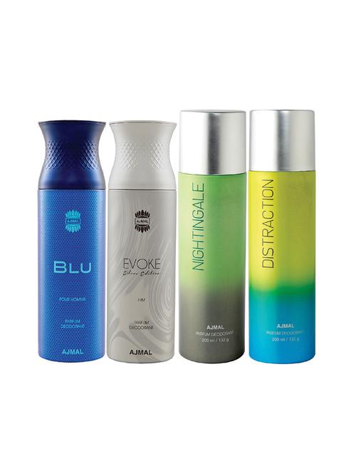 ajmal 1 blu homme, 1 evoke silver edition for him, 1 nightingale and 1 distraction deodorants pack of 4 + 3 parfum testers - 17404857 - Very Small Image - 1