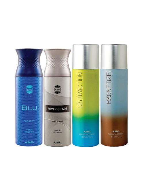 ajmal 1 blu for men,1 silver shade for men,1 distraction,1 magnetize unisex deodorant combo pack of 4(total 800ml)+3 testers - 17404875 - Very Small Image - 1