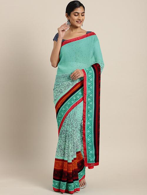 turquoise printed saree with blouse - 17406576 - Very Small Image - 1