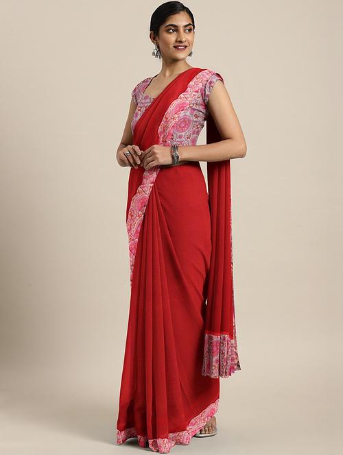 solid bordered ruffled saree with blouse - 17406628 - Very Small Image - 1