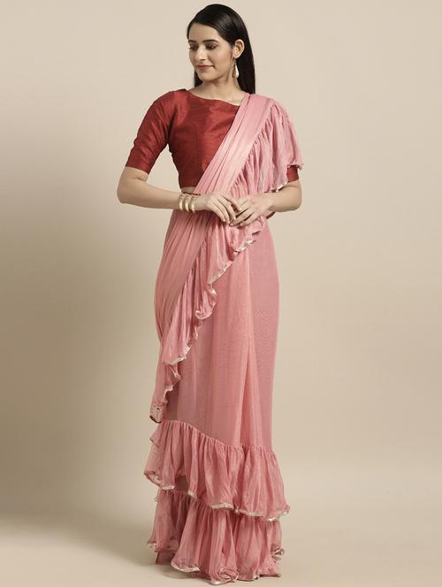 plain ruffled saree with blouse - 17406680 - Very Small Image - 1