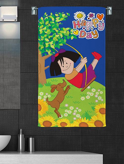 1100% cotton 300 gsm kids cartoon bath towel for bathroom set of 1pc, multicolor, 58 cm x 116 cm - color - blue swing girl - 17409768 - Very Small Image - 1