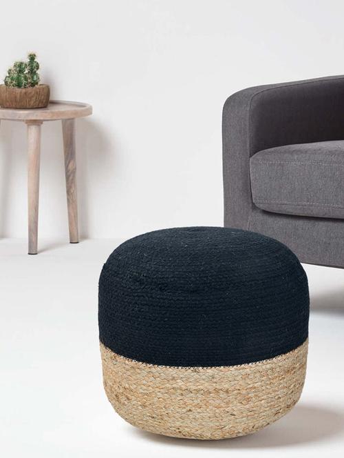 sheen décor jute  round pouffe in natural and black color  size(16x16x14 inches) - 17409972 - Very Small Image - 1