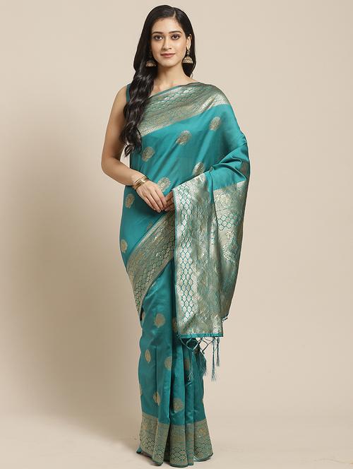 turquoise banarasi saree with blouse - 17413902 - Very Small Image - 1