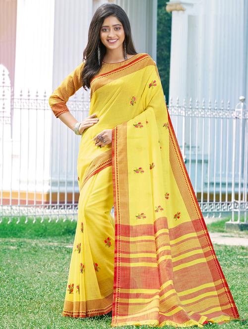 women's floral yellow colored saree with blouse - 17419206 - Very Small Image - 1