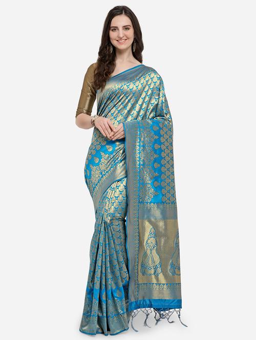 turquoise banarasi saree with blouse - 17419429 - Very Small Image - 1