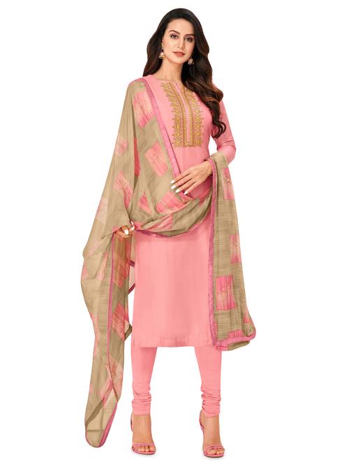 pink cotton blend unstitched suit - 17423091 - Very Small Image - 1