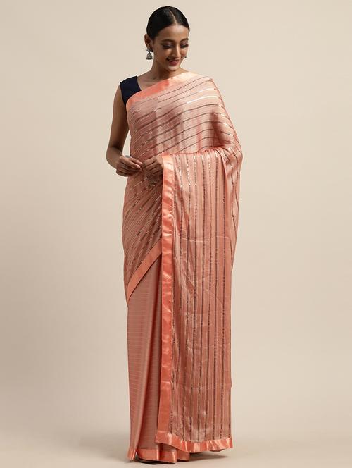 peach crepe embroidered saree with blouse - 17424241 - Very Small Image - 1