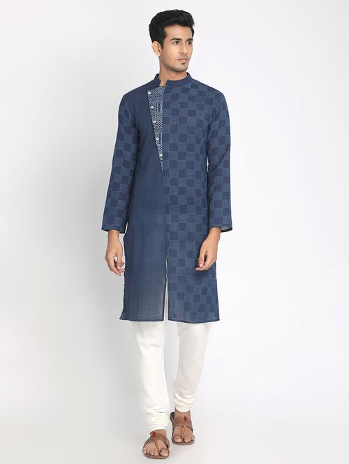 navy blue checkered long kurta - 17424950 - Very Small Image - 1