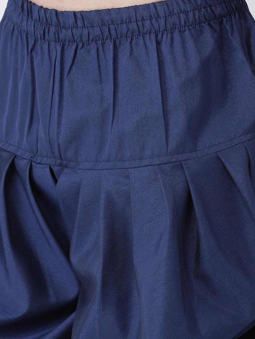 navy blue solid dupion dhoti kurta set - 17425414 - Zoom Image - 3