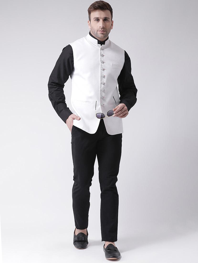 white solid nehru jacket - 17425443 - Standard Image - 3