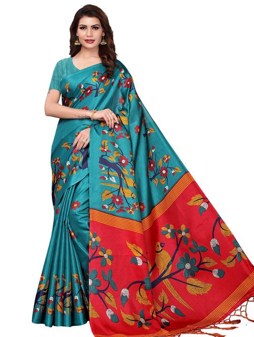 turquoise art silk printed saree with blouse - 17425656 - Very Small Image - 1