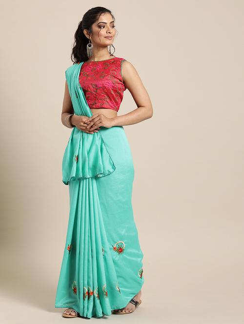 turquoise georgette embroidered saree with blouse - 17425972 - Very Small Image - 1