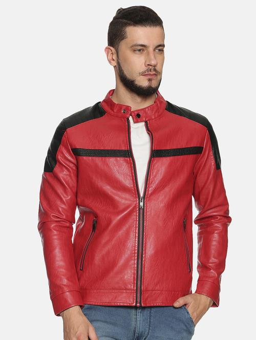 red color block pu biker jacket - 17427122 - Very Small Image - 1