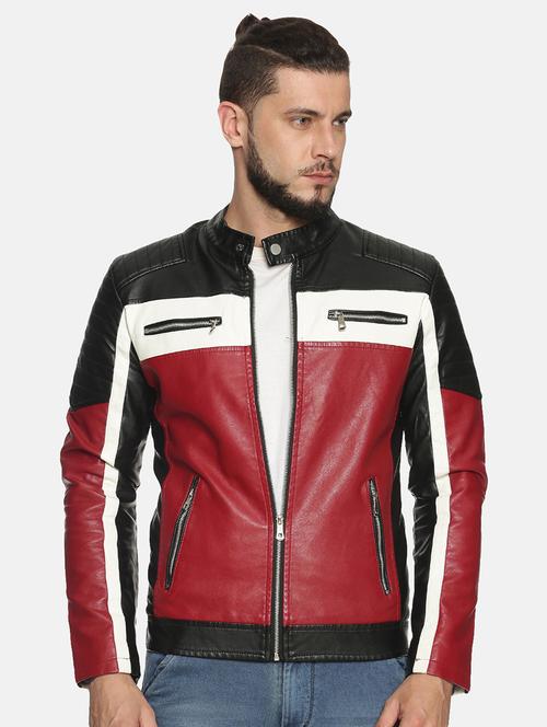 maroon color block pu biker jacket - 17427145 - Very Small Image - 1