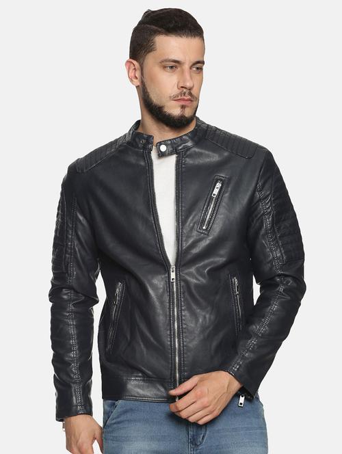 navy blue solid pu biker jacket - 17427167 - Very Small Image - 1