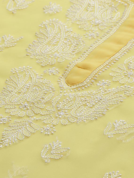 straight georgettte chikankari yellow kurta - 17428066 - Standard Image - 4