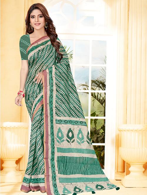 bottle green printed saree with blouse - 17428417 - Very Small Image - 1