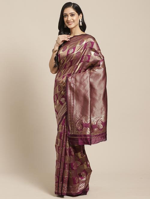 deep purple banarasi saree with blouse - 17433652 - Very Small Image - 1