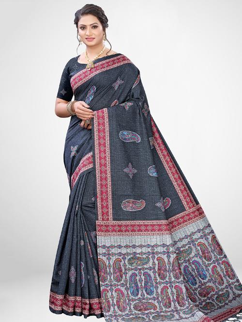navy silk blend printed saree with blouse - 17433655 - Very Small Image - 1