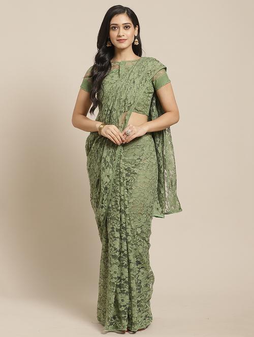 olive plain saree with blouse - 17433660 - Very Small Image - 1