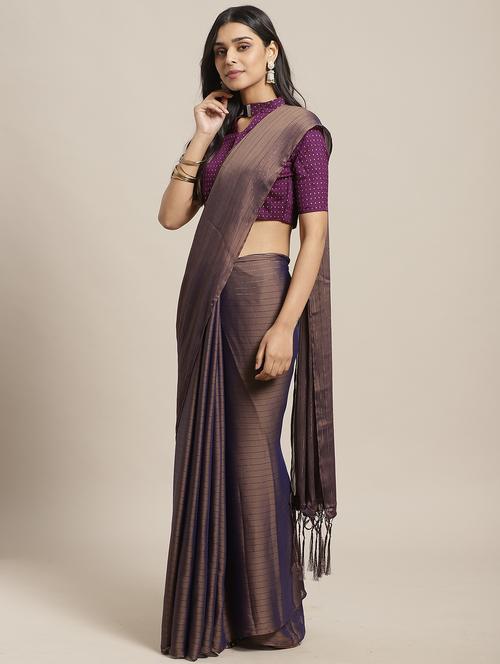 striped plain saree with blouse - 17433741 - Very Small Image - 1