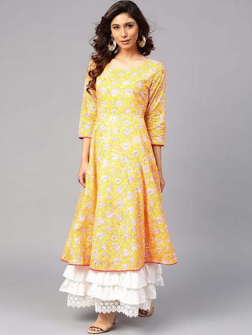 yellow cotton flared ethnic dress - 17434431 - Very Small Image - 1