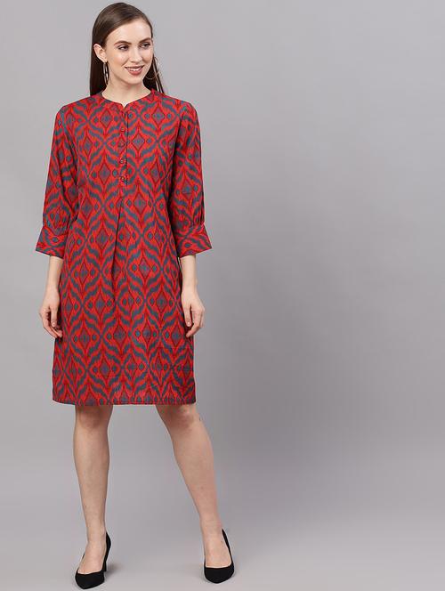 mandarin neck printed a-line dress - 17434844 - Very Small Image - 1