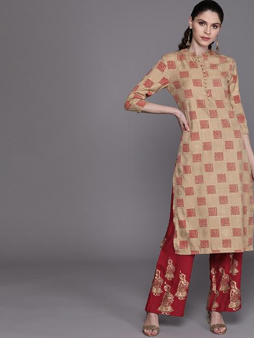 beige chanderi kurta palazzo  set - 17435463 - Very Small Image - 1
